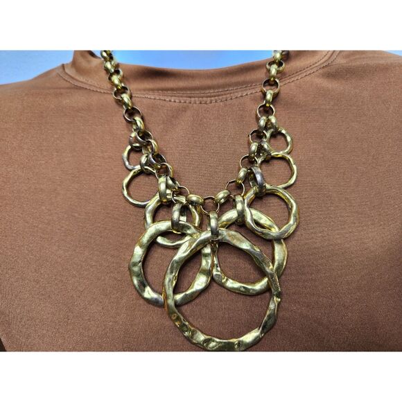 Chunky Hammered Gold Tone Statement Necklace 16” Chain with 2.5” Ring Pendant - Picture 1 of 6